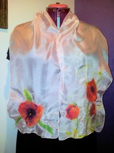 Hemmed silk scarf with nuno felted poppies