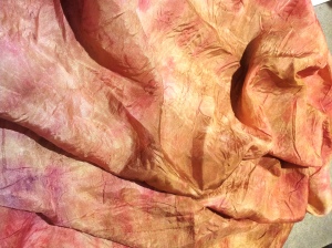 Pink purple dyed silk overdyed in eucalyptus leaf/bark dye bath